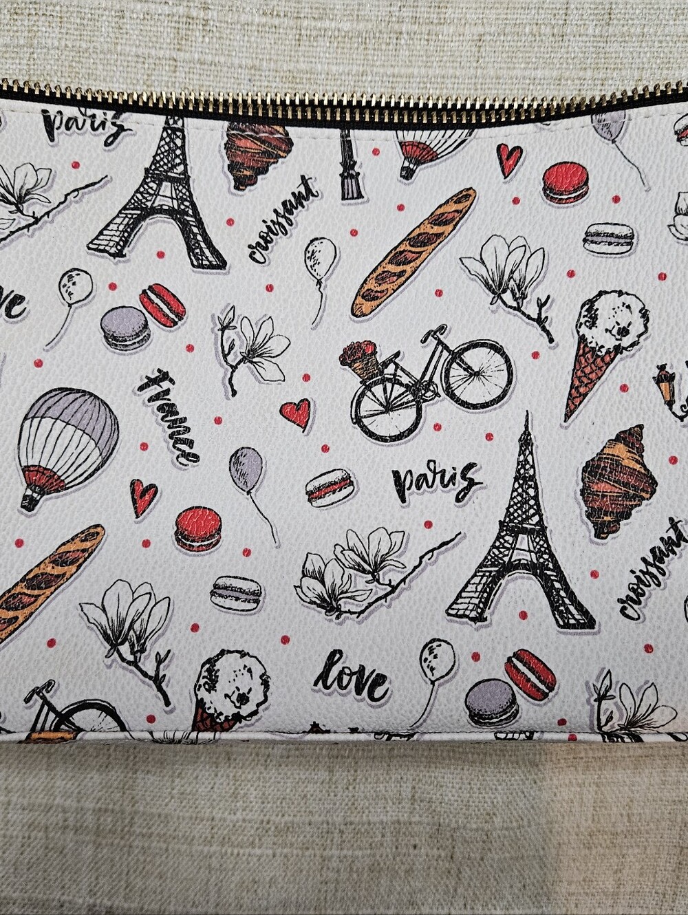 Paris Print White Zip Pouch Cosmetic Bag